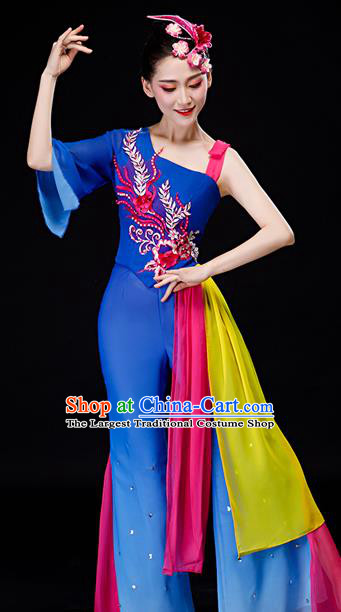 Chinese Folk Dance Royalblue Chiffon Uniforms Traditional Women Square Dance Garment Costumes Yangko Performance Clothing Fan Dance Apparels