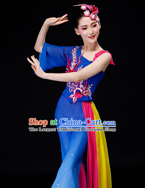 Chinese Folk Dance Royalblue Chiffon Uniforms Traditional Women Square Dance Garment Costumes Yangko Performance Clothing Fan Dance Apparels