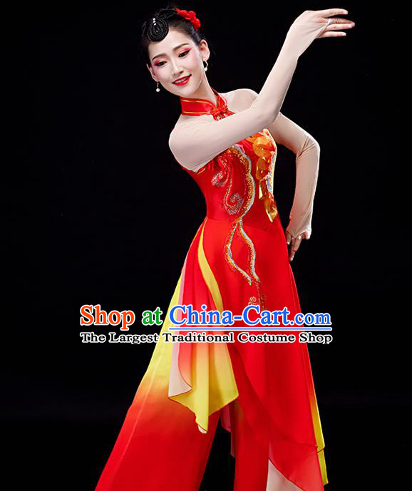 Chinese Traditional Women Drum Dance Garment Costumes Yangko Performance Clothing Fan Dance Apparels Folk Dance Red Uniforms