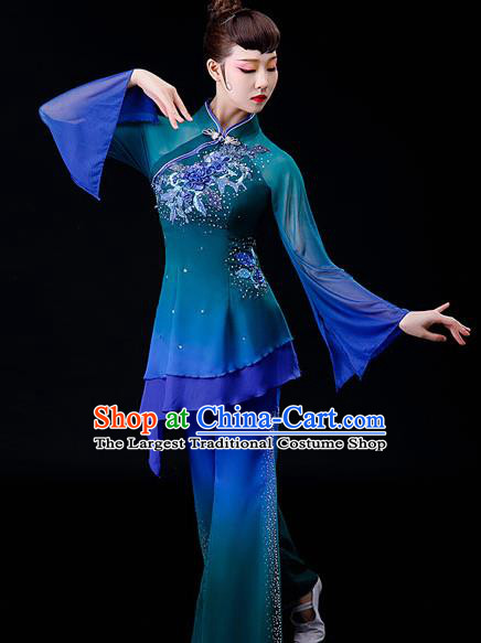 Chinese Folk Dance Deep Blue Uniforms Traditional Fan Dance Garment Costumes Yangko Dance Clothing Women Square Performance Apparels
