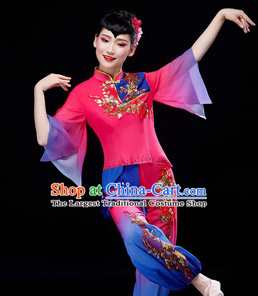 Chinese Folk Dance Rosy Uniforms Traditional Women Drum Dance Garment Costumes Yangko Performance Clothing Fan Dance Apparels