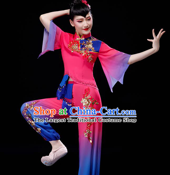 Chinese Folk Dance Rosy Uniforms Traditional Women Drum Dance Garment Costumes Yangko Performance Clothing Fan Dance Apparels