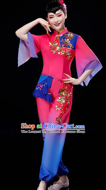 Chinese Folk Dance Rosy Uniforms Traditional Women Drum Dance Garment Costumes Yangko Performance Clothing Fan Dance Apparels