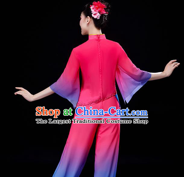 Chinese Folk Dance Rosy Uniforms Traditional Women Drum Dance Garment Costumes Yangko Performance Clothing Fan Dance Apparels