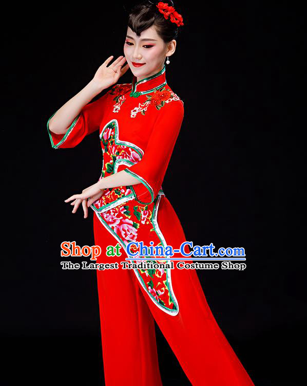 Chinese Yangko Performance Clothing New Year Fan Dance Apparels Folk Dance Red Uniforms Traditional Women Drum Dance Garment Costumes