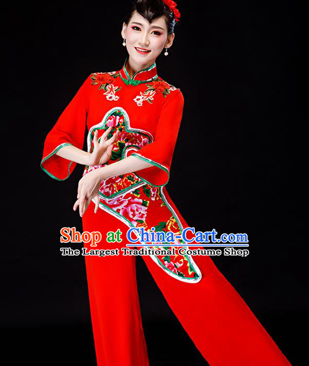Chinese Yangko Performance Clothing New Year Fan Dance Apparels Folk Dance Red Uniforms Traditional Women Drum Dance Garment Costumes