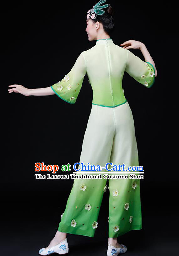 Chinese Traditional Women Group Dance Garment Costumes Yangko Performance Clothing Fan Dance Apparels Folk Dance Embroidered Mangnolia Green Uniforms
