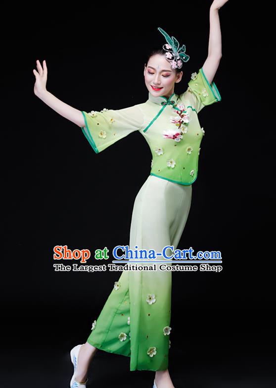 Chinese Traditional Women Group Dance Garment Costumes Yangko Performance Clothing Fan Dance Apparels Folk Dance Embroidered Mangnolia Green Uniforms