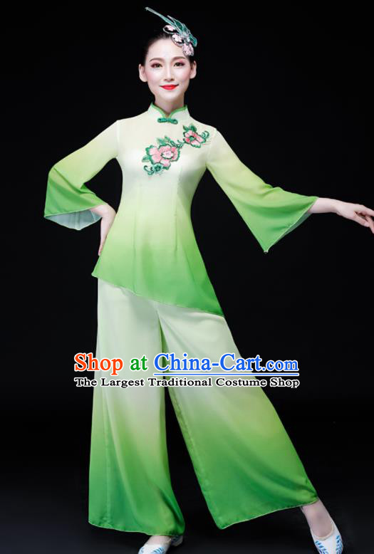 Chinese Folk Dance Green Chiffon Uniforms Traditional Women Group Dance Garment Costumes Yangko Performance Clothing Fan Dance Apparels