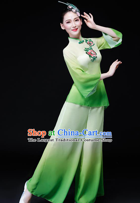 Chinese Folk Dance Green Chiffon Uniforms Traditional Women Group Dance Garment Costumes Yangko Performance Clothing Fan Dance Apparels
