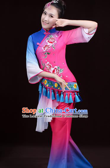 Chinese Traditional Waist Drum Dance Garment Costumes Yangko Performance Clothing Fan Dance Apparels Folk Dance Rosy Uniforms