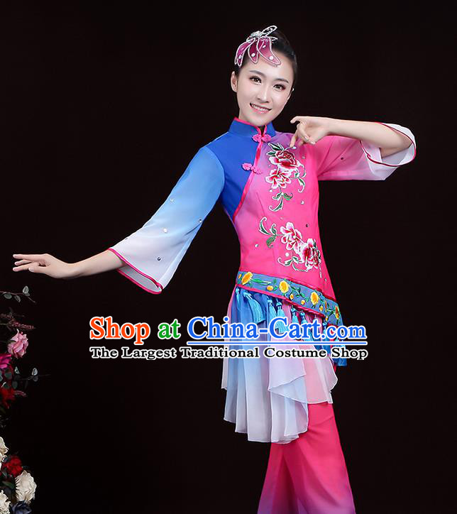 Chinese Traditional Waist Drum Dance Garment Costumes Yangko Performance Clothing Fan Dance Apparels Folk Dance Rosy Uniforms