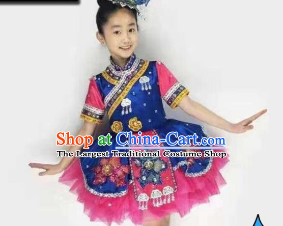 Chinese Li Nationality Children Performance Clothing Ethnic Folk Dance Garment Costumes Tujia Minority Dance Dress Outfits