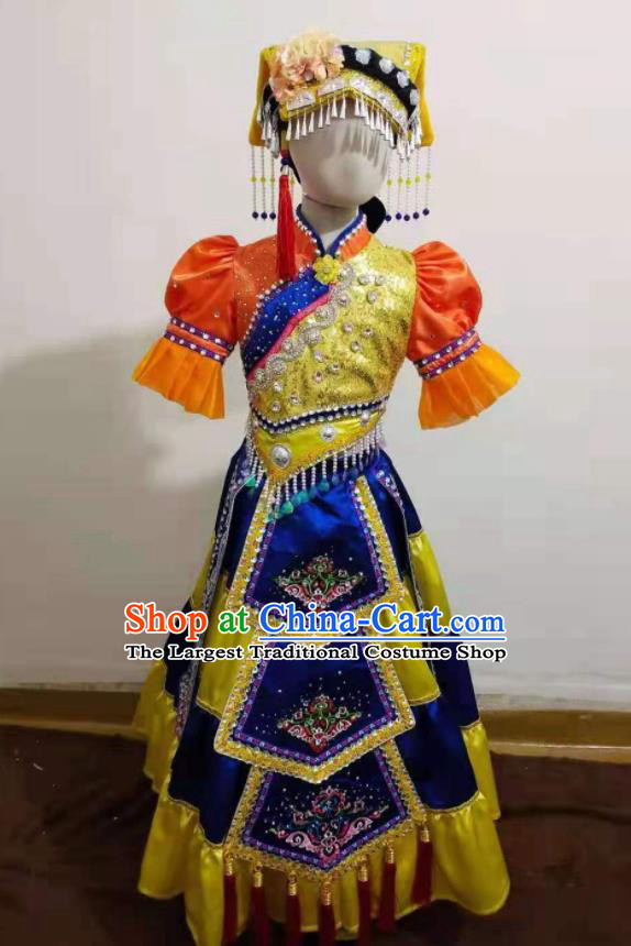 Chinese Yi Nationality Performance Clothing Ethnic Children Dance Garment Costumes Qiang Minority Girl Dance Yellow Dress Outfits and Hat