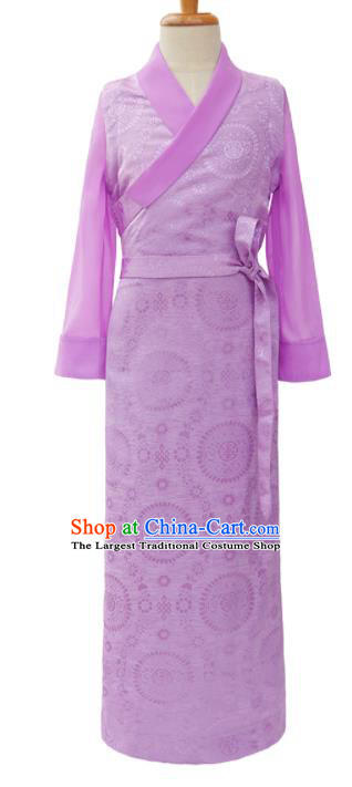 Chinese Ethnic Folk Dance Lilac Brocade Dress Zang Minority Girl Garment Costume Tibetan Nationality Children Informal Clothing
