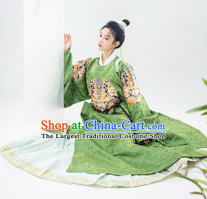 China Traditional Embroidered Green Brocade Round Collar Robe Ancient Swordsman Garment Costume Ming Dynasty Noble Childe Historical Clothing