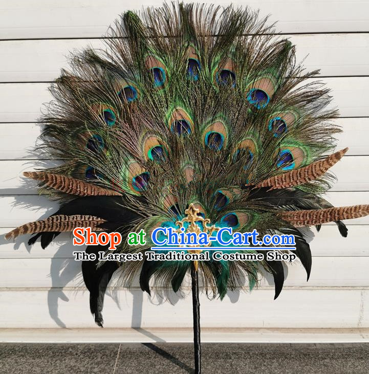 Chinese Stage Show Peacock Feather Fan Traditional Hanfu Palace Fan Handmade Circular Fans Classical Dance Fan