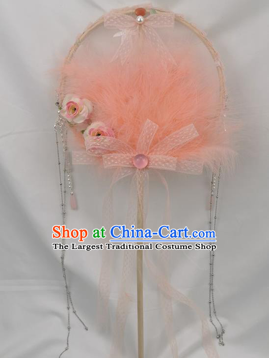 Chinese Classical Dance Fan Stage Show Pink Feather Fan Traditional Hanfu Palace Fan Handmade Princess Circular Fans