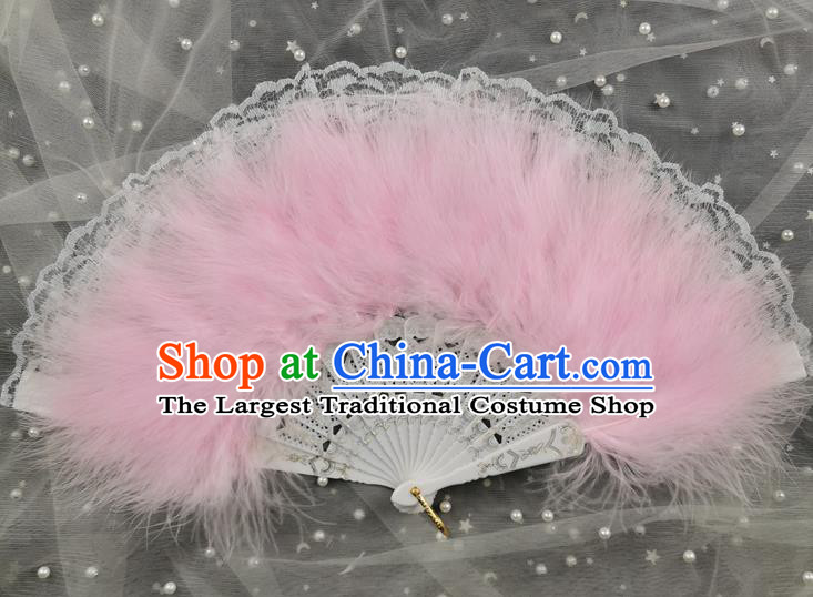 Handmade China Lace Fan Dance Fan Classical Dance Pink Feather Fan Cheongsam Stage Show Folding Fan