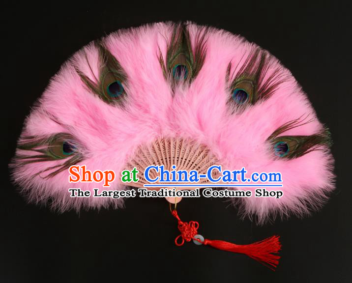 Chinese Classical Dance Folding Fan Ancient Fairy Fan Traditional Hanfu Fan Handmade Pink Feather Fans