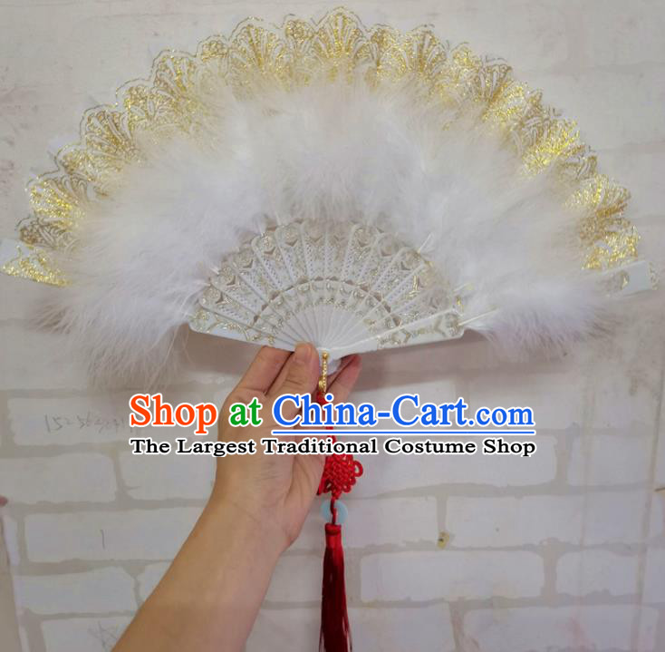 Chinese Martial Arts Performance Feather Fan Traditional Kung Fu Fan Handmade White Feather Lace Fans Folk Dance Folding Fan