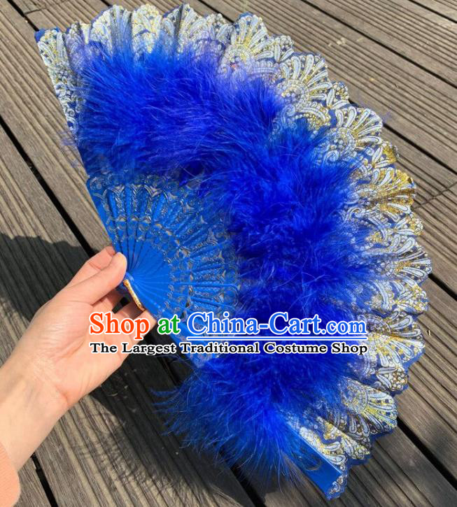 Chinese Kung Fu Fan Traditional Cheongsam Show Fan Handmade Folk Dance Fans Royalblue Feather Folding Fan