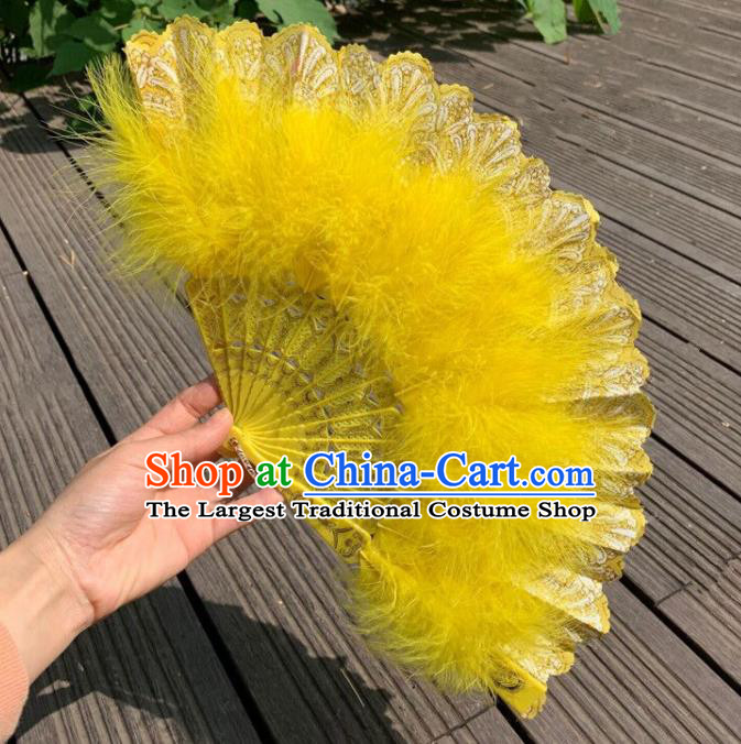 Chinese Handmade Folk Dance Fans Yellow Feather Folding Fan Kung Fu Fan Traditional Cheongsam Show Fan