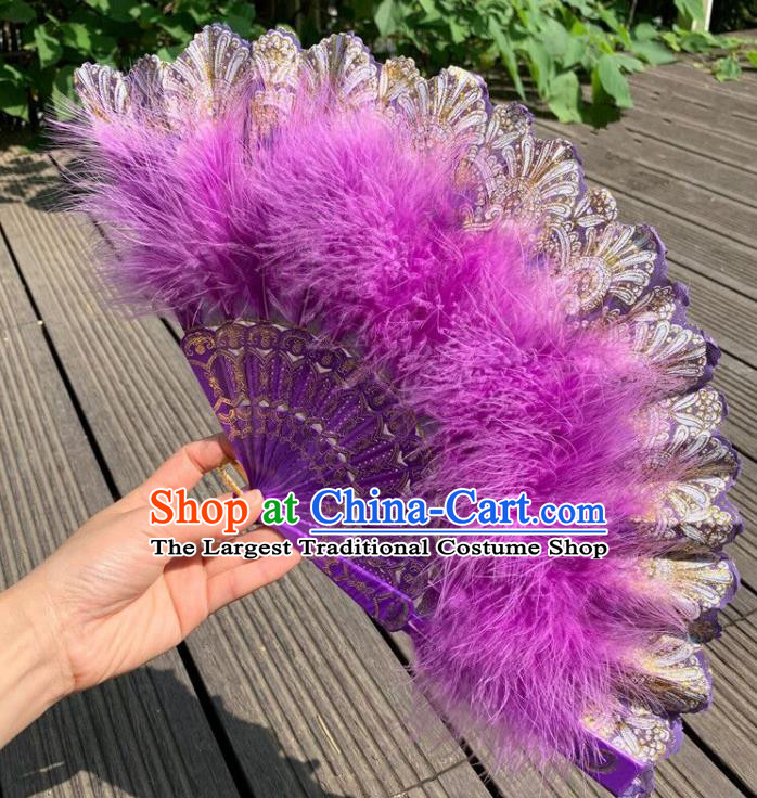 Chinese Traditional Cheongsam Show Fan Handmade Folk Dance Fans Purple Feather Folding Fan Kung Fu Fan