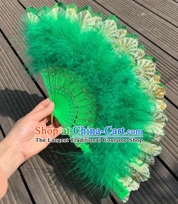 Chinese Cheongsam Dance Fan Traditional Stage Show Fan Classical Dance Green Feather Fans Handmade Folding Fan