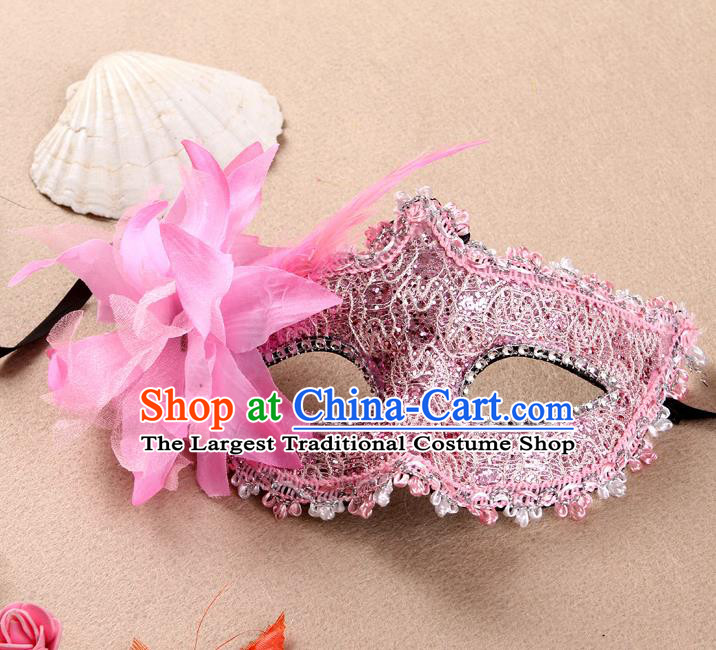 Handmade Catwalks Pink Lace Mask Halloween Stage Show Face Accessories Cosplay Angel Flower Face Mask Masquerade Party Headgear