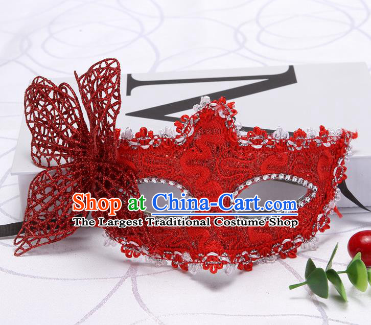 Handmade Masquerade Fancy Ball Headwear Stage Show Lace Face Mask Halloween Cosplay Accessories Catwalks Red Butterfly Mask