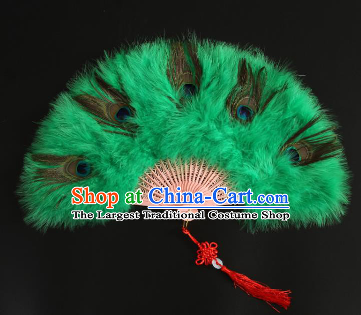 Chinese Stage Show Fan Classical Dance Green Feather Fan Traditional Hanfu Folding Fan Handmade Peacock Feather Fans