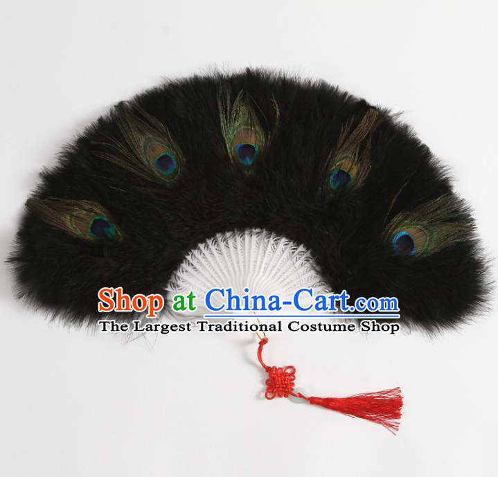 Chinese Folk Dance Black Feather Fan Traditional Hanfu Fan Handmade Peacock Feather Fans Stage Show Folding Fan