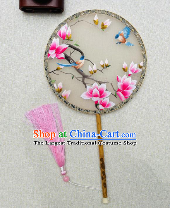 China Double Sides Beige Silk Fan Traditional Hanfu Palace Fan Handmade Embroidered Circular Fan Suzhou Embroidery Mangnolia Fan