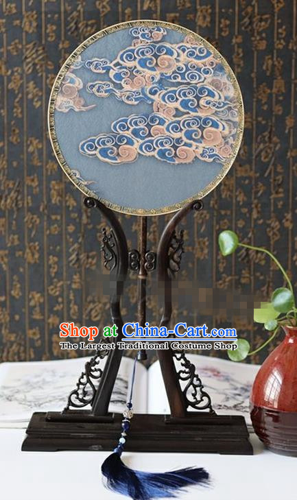 China Traditional Wedding Fan Handmade Bride Blue Silk Fan Suzhou Palace Fan Classical Dance Circular Fan