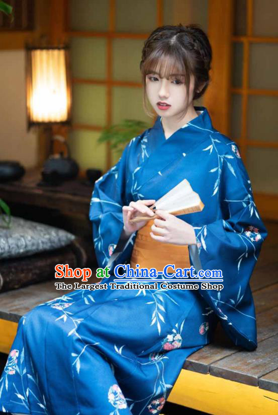 Japan Traditional Photography Kimono Costume Summer Festival Printing Maple Leaf Blue Yukata Dress Young Lady Hot Spring Fashion Garment