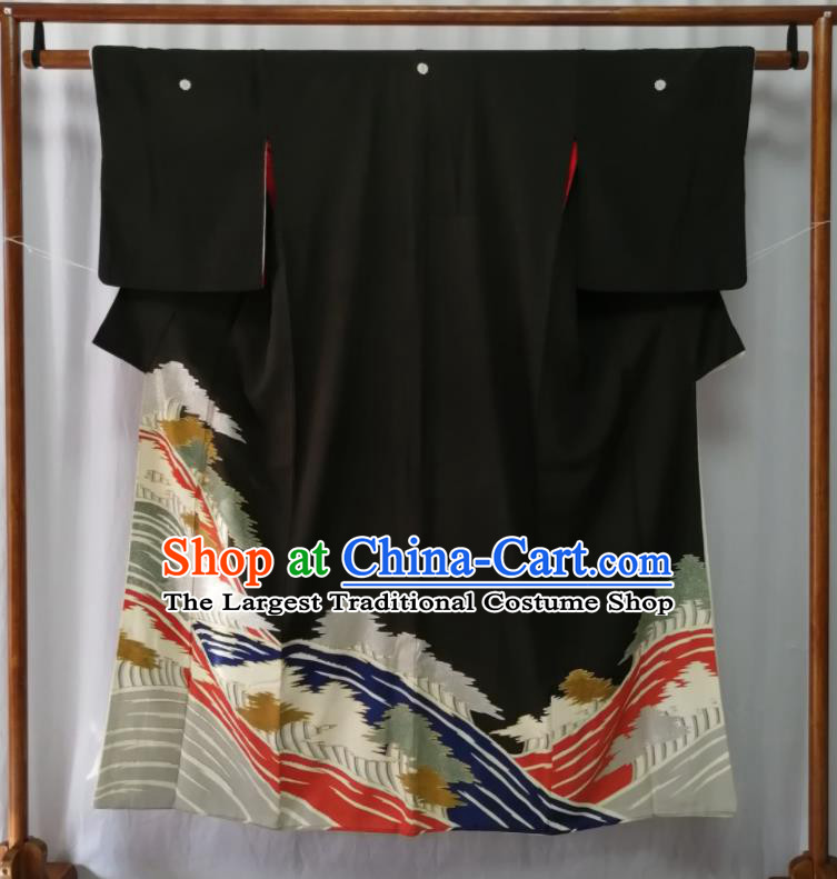 Asian Stage Performance Apparel Traditional Black Yukata Robe Japanese Male Kurotomesode Kimono Clothing