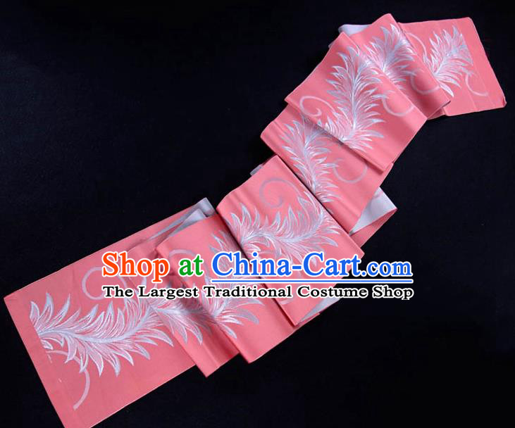 Japanese Traditional Yukata Pink Silk Belt Classical Pteris Pattern Waistband Kimono Dress Corset Accessories