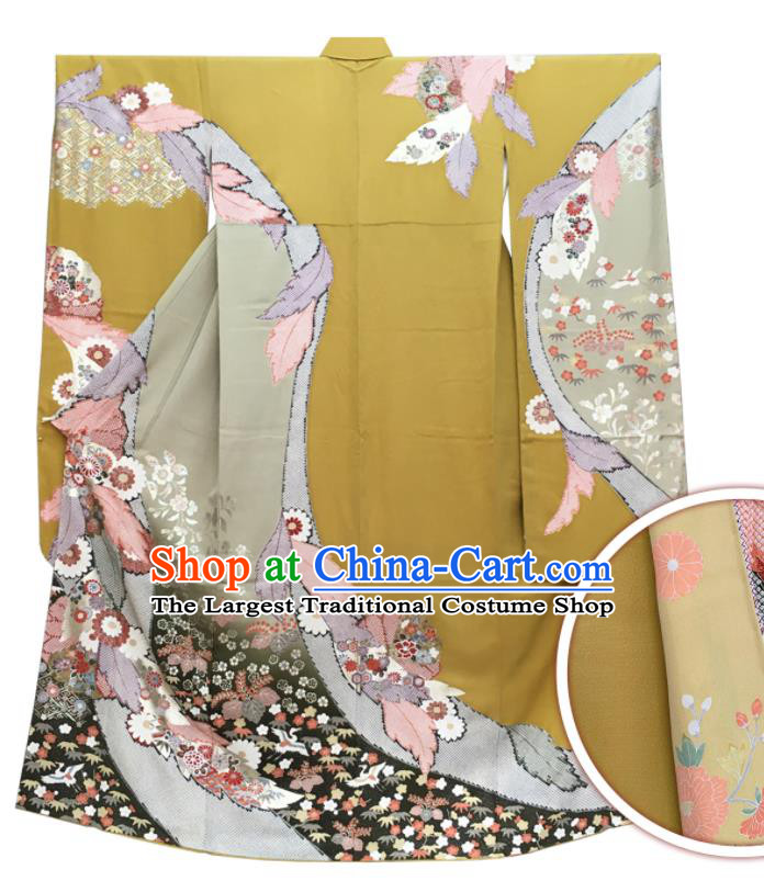 Japan Traditional Wedding Ginger Yukata Dress Classical Flowers Pattern Furisode Kimono Clothing Bride Garment Costume