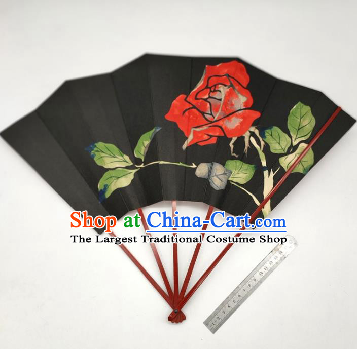 Japanese Traditional Stage Performance Folding Fan Classical Dance Accordion Hand Painting Rose Black Silk Fan