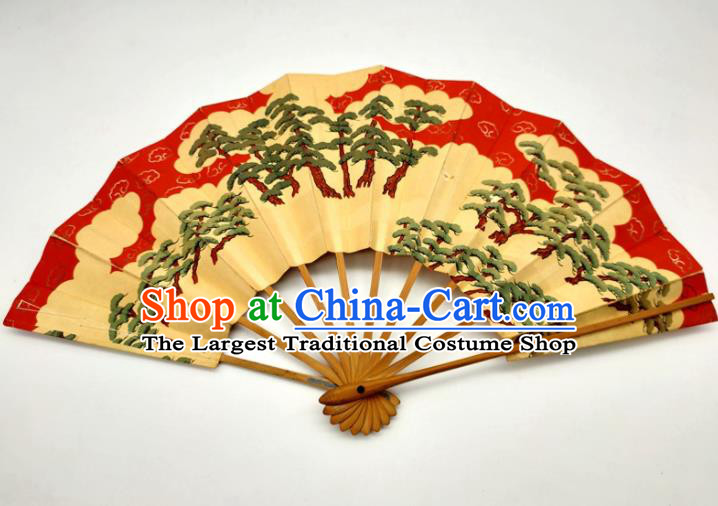 Japanese Handmade Printing Pine Red Fan Traditional Geisha Dance Folding Fan Stage Performance Accordion