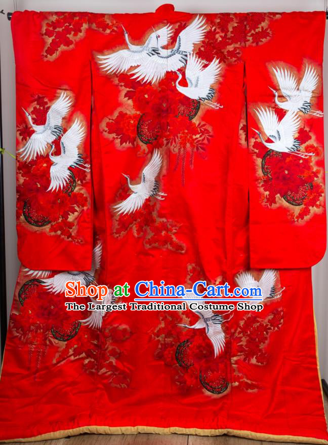 Japan Bride Embroidered Garment Costume Traditional Wedding Red Yukata Dress Classical Cranes Pattern Uchikake Kimono Clothing