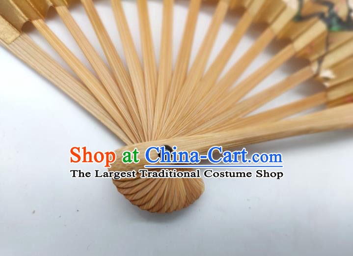 Japanese Hand Painting Plum Blossom Fan Traditional Stage Performance Golden Folding Fan Classical Dance Accordion