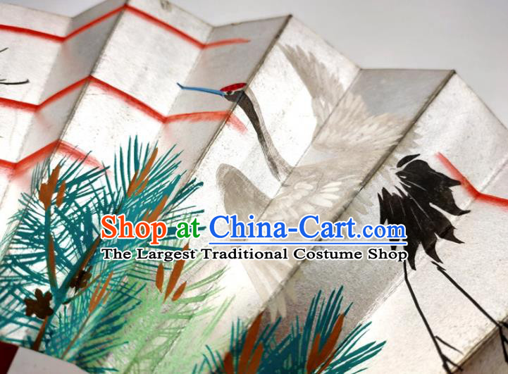 Japanese Handmade Printing Crane Pine Fan Traditional Geisha Performance Argent Folding Fan Classical Dance Accordion