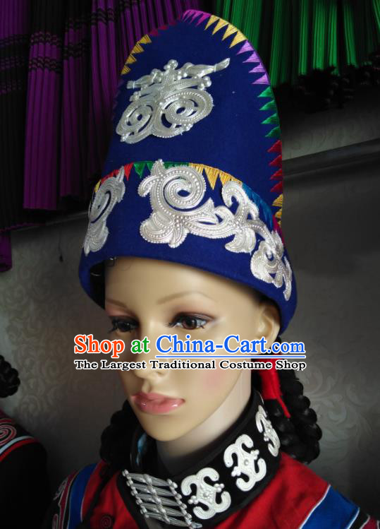 China Handmade Minority Blue Hat Liangshan Ethnic Group Female Silver Headdress Yi Nationality Folk Dance Headwear