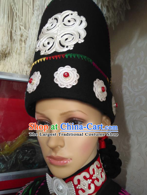 China Yi Nationality Folk Dance Headwear Handmade Minority Black Hat Liangshan Ethnic Group Female Silver Headdress