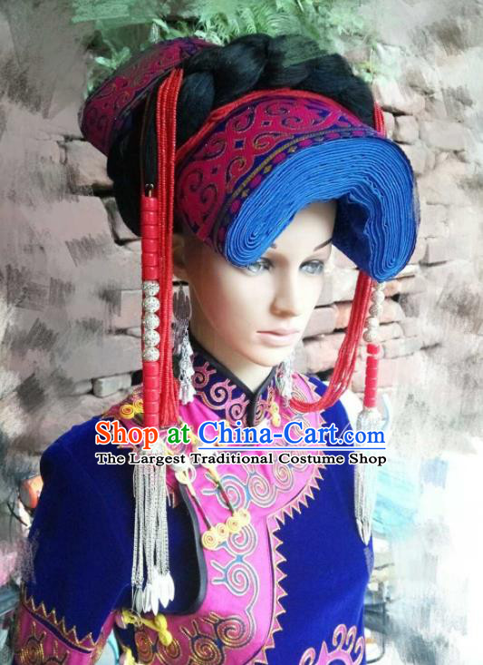China Liangshan Ethnic Group Folk Dance Headwear Yi Nationality Festival Performance Headdress Handmade Minority Tile Hat