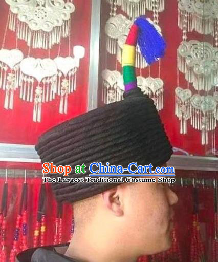 China Handmade Minority Male Hat Liangshan Ethnic Group Folk Dance Headwear Yi Nationality Festival Performance Headdress