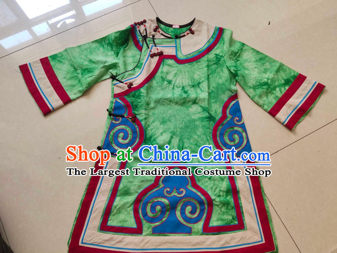 Chinese Ethnic Garment Costume Liangshan National Minority Woman Green Flax Shirt Yi Nationality Dance Clothing