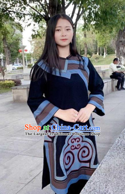 Chinese Yi Nationality Dance Clothing Ethnic Garment Costume Liangshan National Minority Woman Black Flax Shirt
